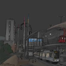 Conceptual night-time view of SkyLine gondola to Outer Harbor, Buffalo NY